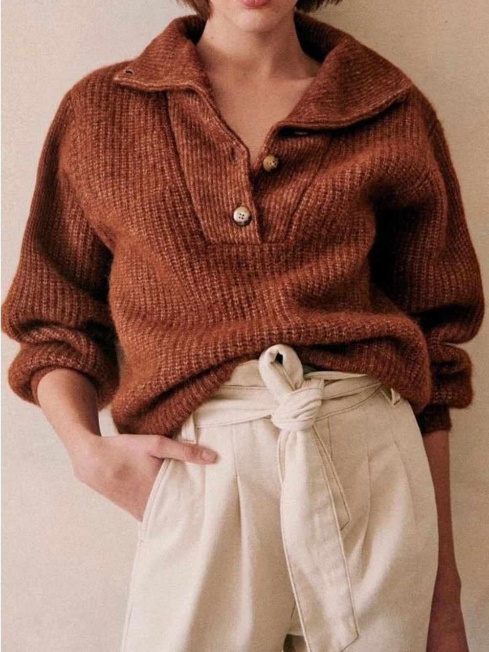 Sezane Micky Jumper Cozy Brown Button-Front Women's Sweater - #255